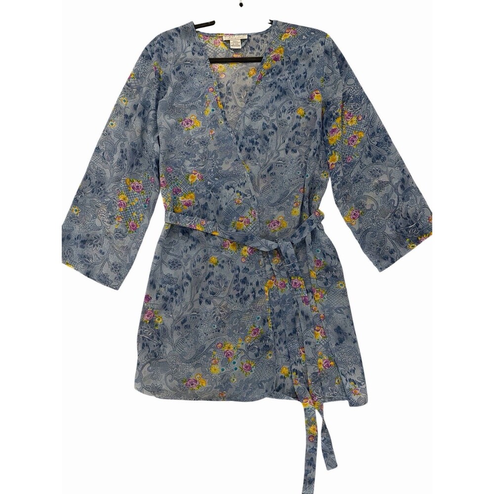 Morgan Taylor Floral Wrap Robe Blue Kimono Lingerie Size S Vintage